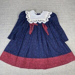 Vintage Jinelle Girls Dress Size 4 Navy Burgundy Cotton & Lace USA Cottage-core